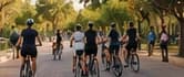 A group of friends cycling together in Valencia